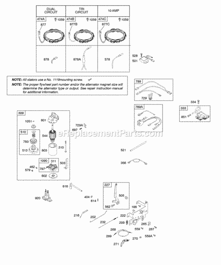 Alternator Controls Electric Starter Governor Spring Ignition Diagram and Parts List for 285H07-0126-E1  Briggs and Stratton Engine